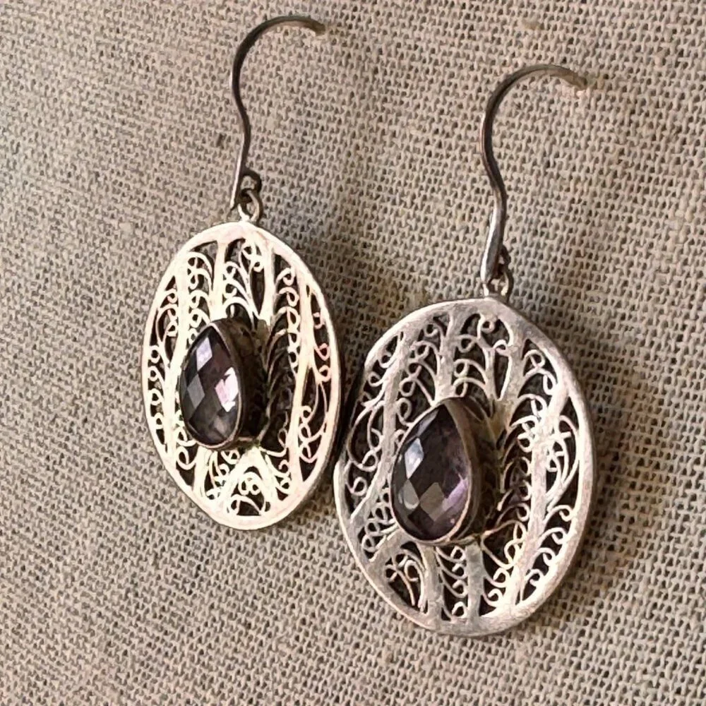 Vintage Boho Sterling Silver Filigree Drop Earrings with Pear-Cut Amethyst Accen